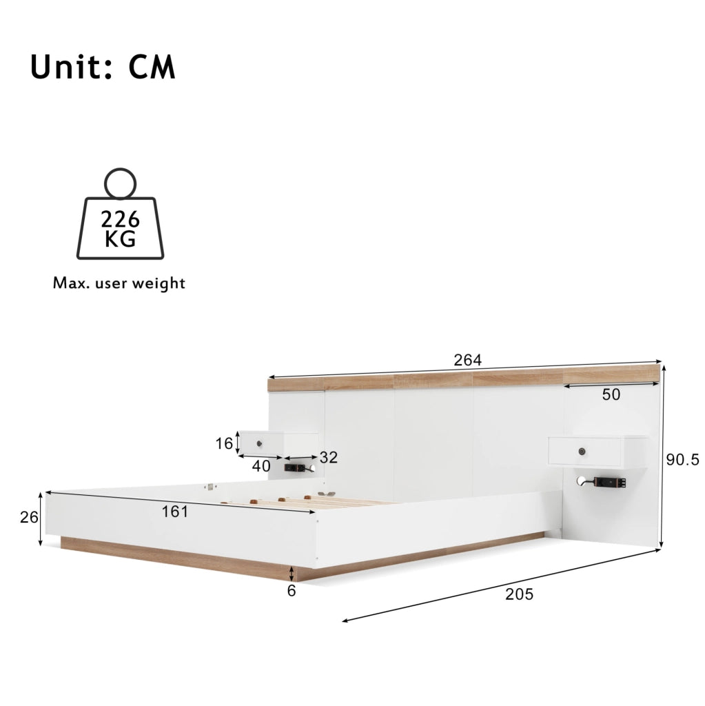 Letto matrimoniale 160x200 cm con 2 comodini LED; USB e USB-C; rovere Sonoma e bianco
