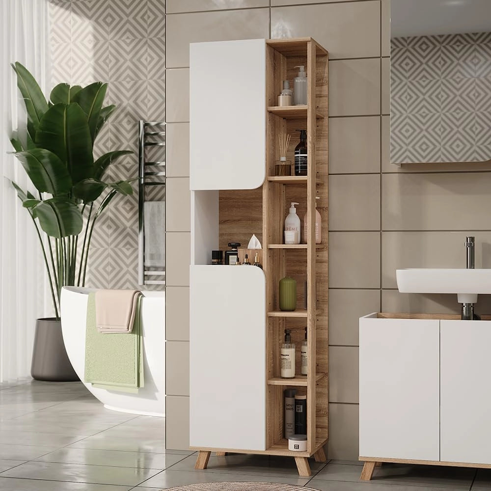 Mobile da bagno Karen, Sonoma/Bianco, 50 x 175 cm con 2 porte, per la conservazione di articoli da bagno e asciugamani
