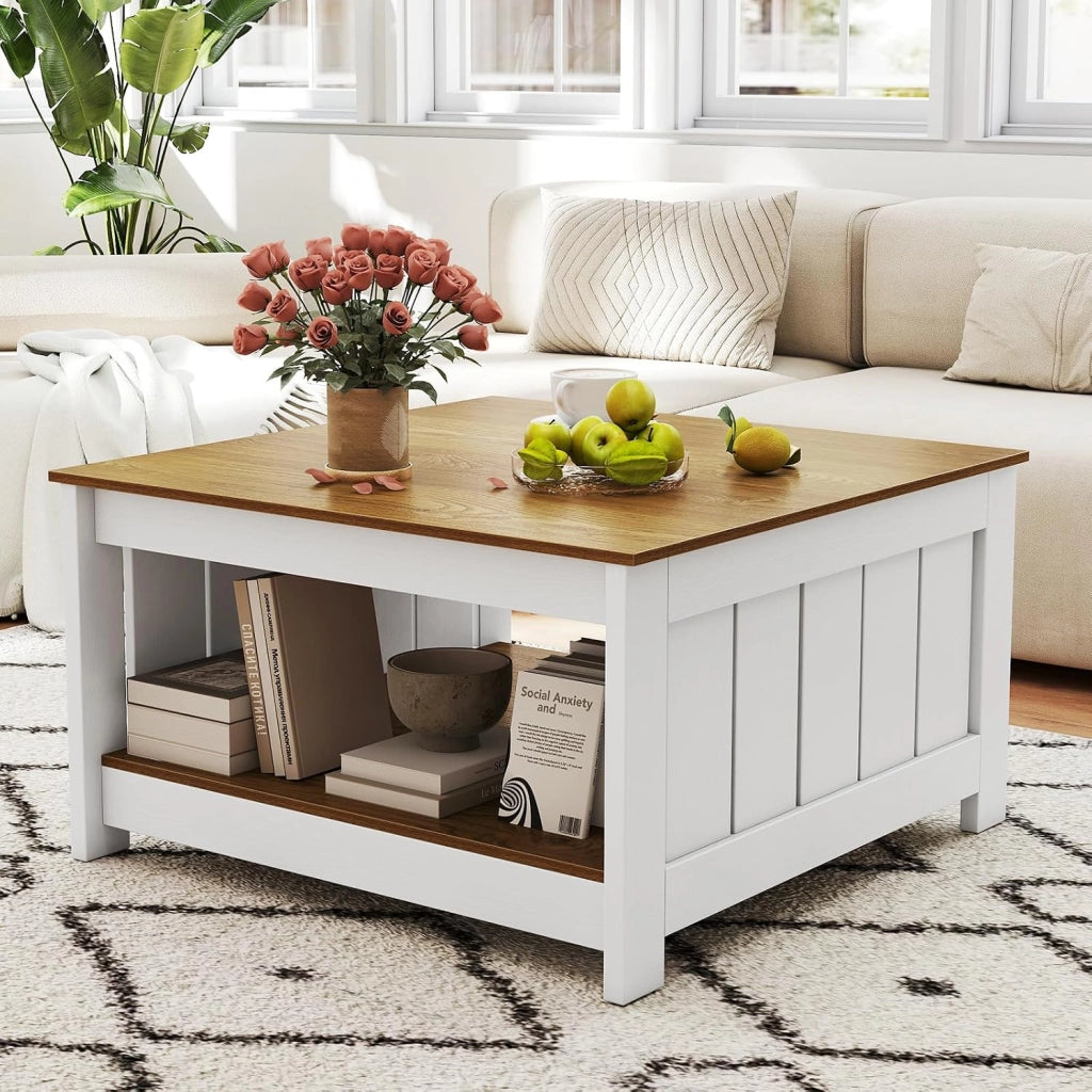 Tavolino da Salotto, Tavolino da Caffè in Legno con 2 Ripiani Aperti, Tavolo Moderno e Rettangolare per Soggiorno, Camera da Letto e Studio, Portata 160 kg, 80 x 80 x 45 cm