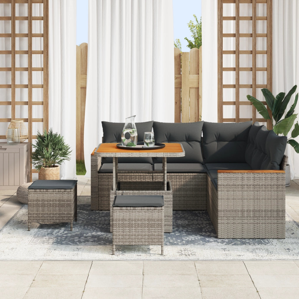 Set Divano da Giardino 8 Pezzi con Cuscini Grigio Polirattan Acacia