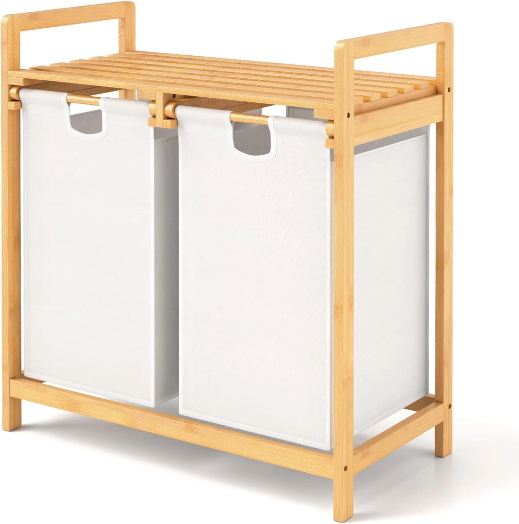 Cesto Portabiancheria in Bambù, Cesto della Biancheria Sporca con 2 Scompartimenti Estraibili, con Borse Rimovibili e Mensola in Alto, 64 x 33 x 73 cm (Bianco)