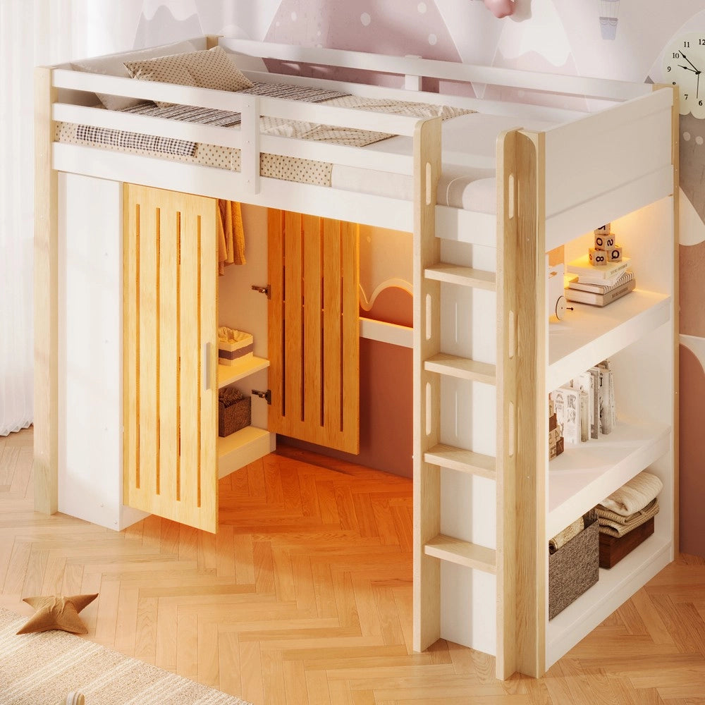 Letto a Soppalco con LED, Armadio e Scaffale ¨C MINIMAL ¨C 90x200 Bianco e Naturale