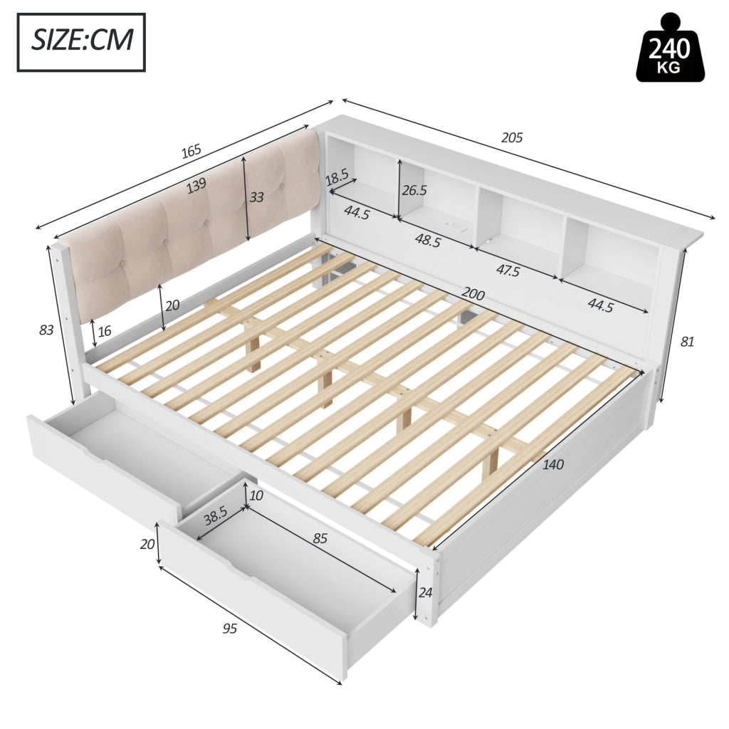 LETTO 140x200 cm con cassetti, ripiano, USB e LED, Legno di pino/MDF Bianco