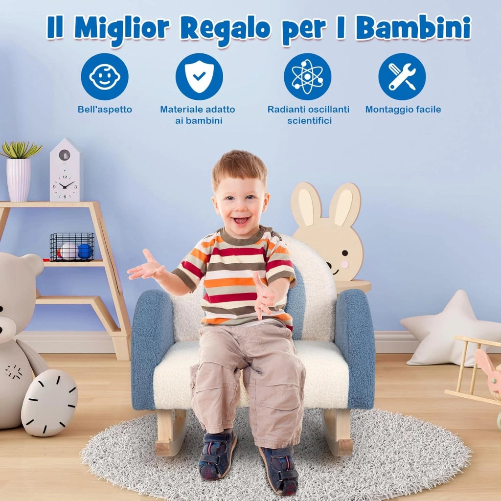 Sedia a Dondolo per Bambini con Gambe in Legno Massello, Poltrona per Bambini di 3-5 Anni, Divanetto Singolo Imbottito per Cameretta, 50,5 x 49 x 50,5 cm, Portata 50 kg (Blu)