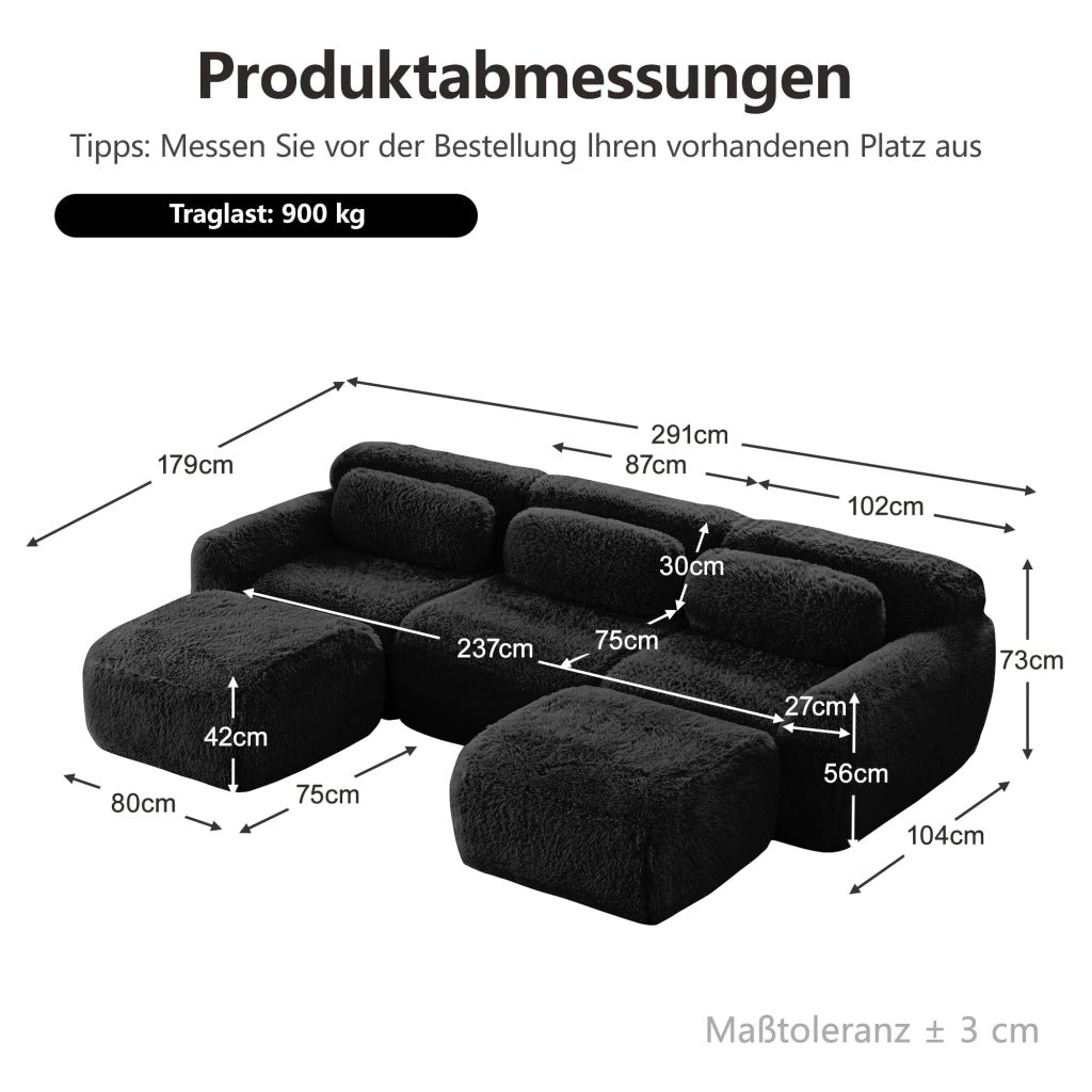 Divano Modulare a U con Design Ergonomico e Pouf Modulare, Base Antiscivolo, in Peluche Nero