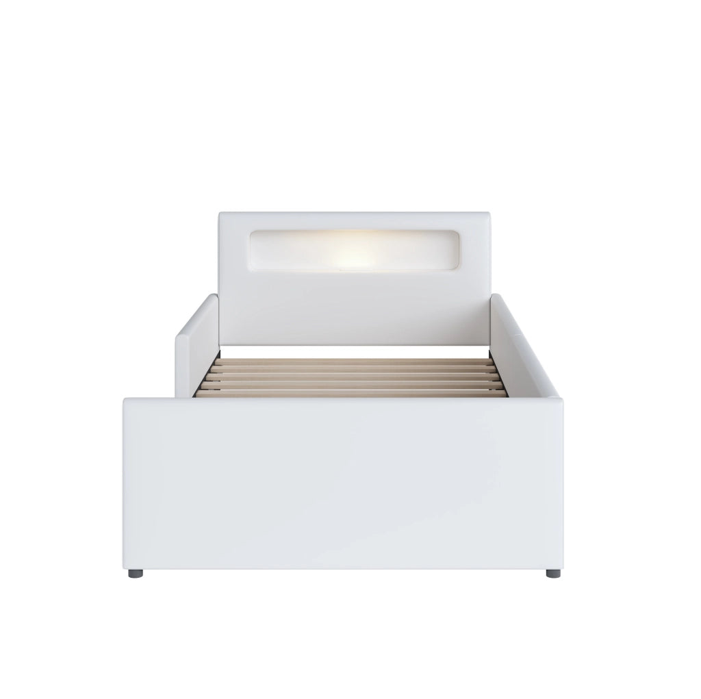 Letto per bambini 90x200 cm con luce notturna, USB e cassetti in similpelle bianca