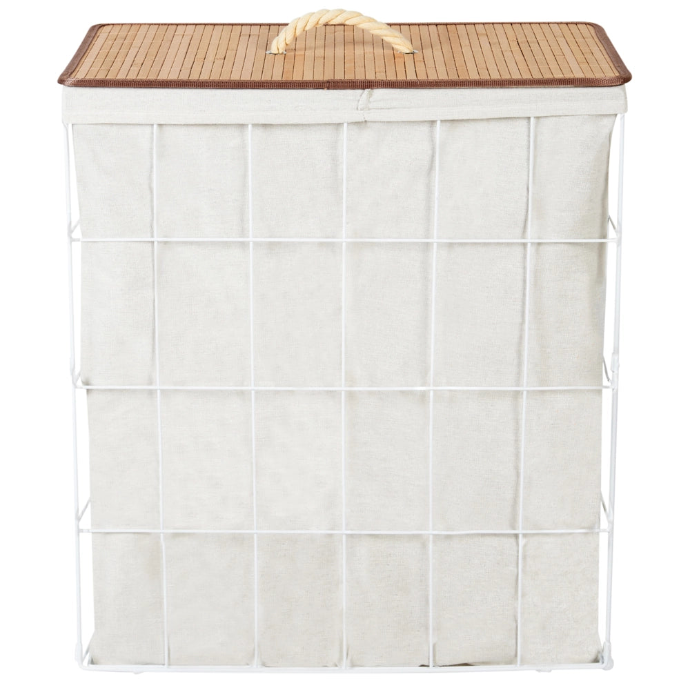Cesto portabiancheria in metallo con coperchio rimovibile in bambù bianco e legno chiaro stile moderno