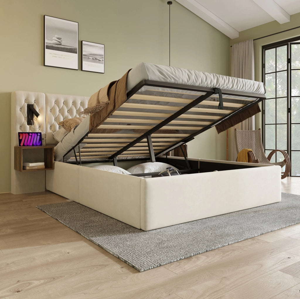 Bettgestell 180x200 cm con contenitore idraulico; 2 comodini; luci lettura USB e Type-C; beige