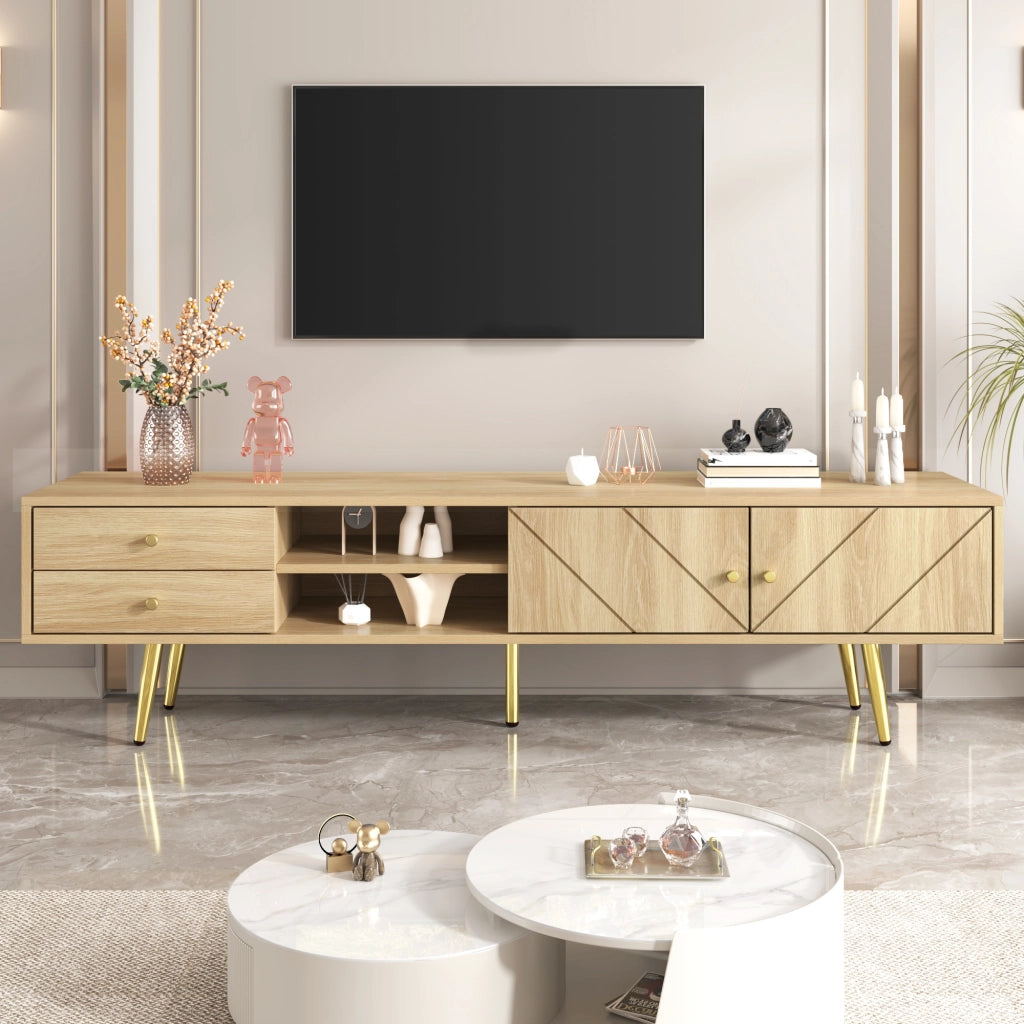 Mobile TV con 2 Ante; 2 Cassetti e 2 Vani Aperti; Piedini in Metallo Dorato; Stile Moderno; 160??36??42 cm; Legno