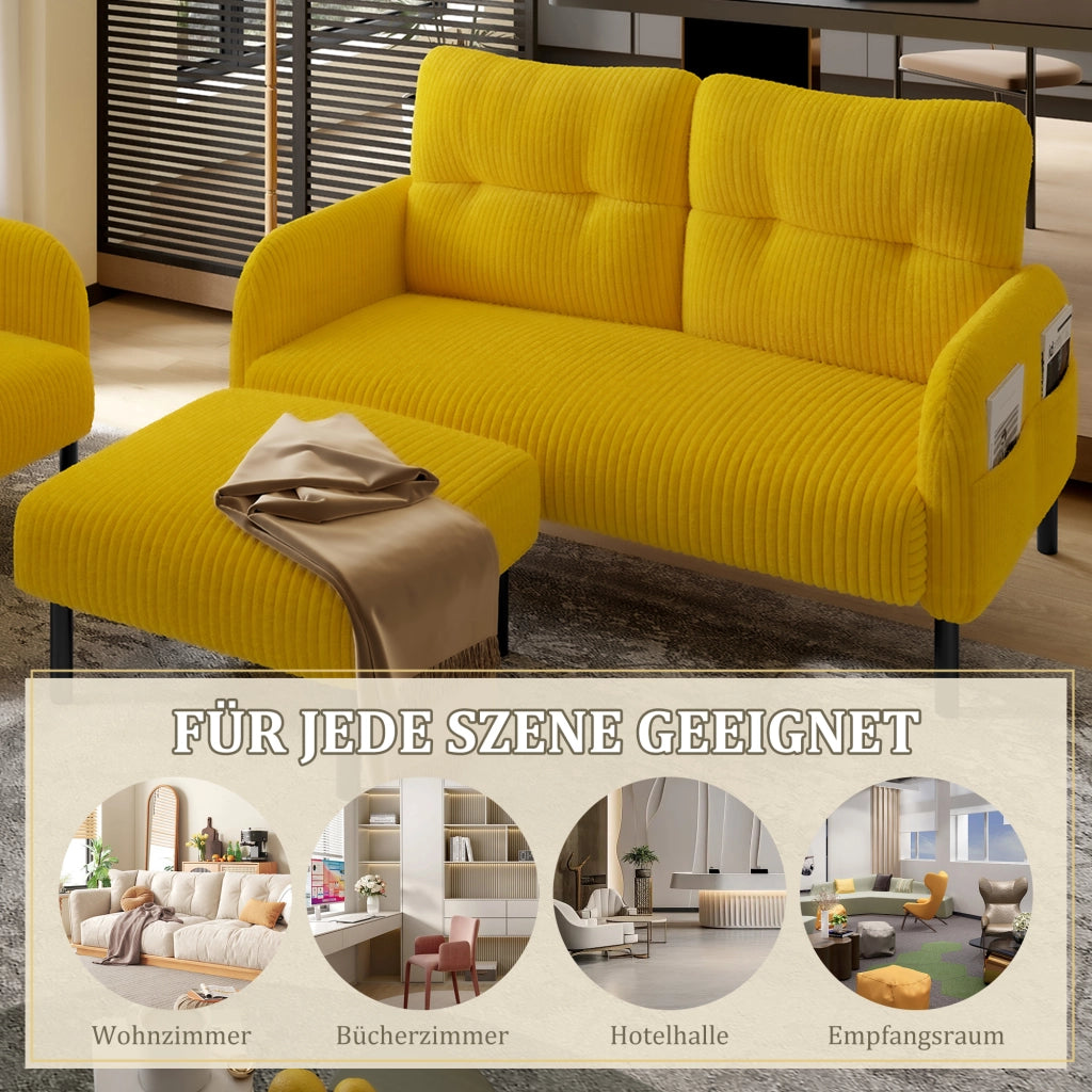 OKWISH Set da 3 Pezzi con Divano 2 Posti, Poltrona e Poggiapiedi, con Tasca Laterale, Velluto a Coste Giallo