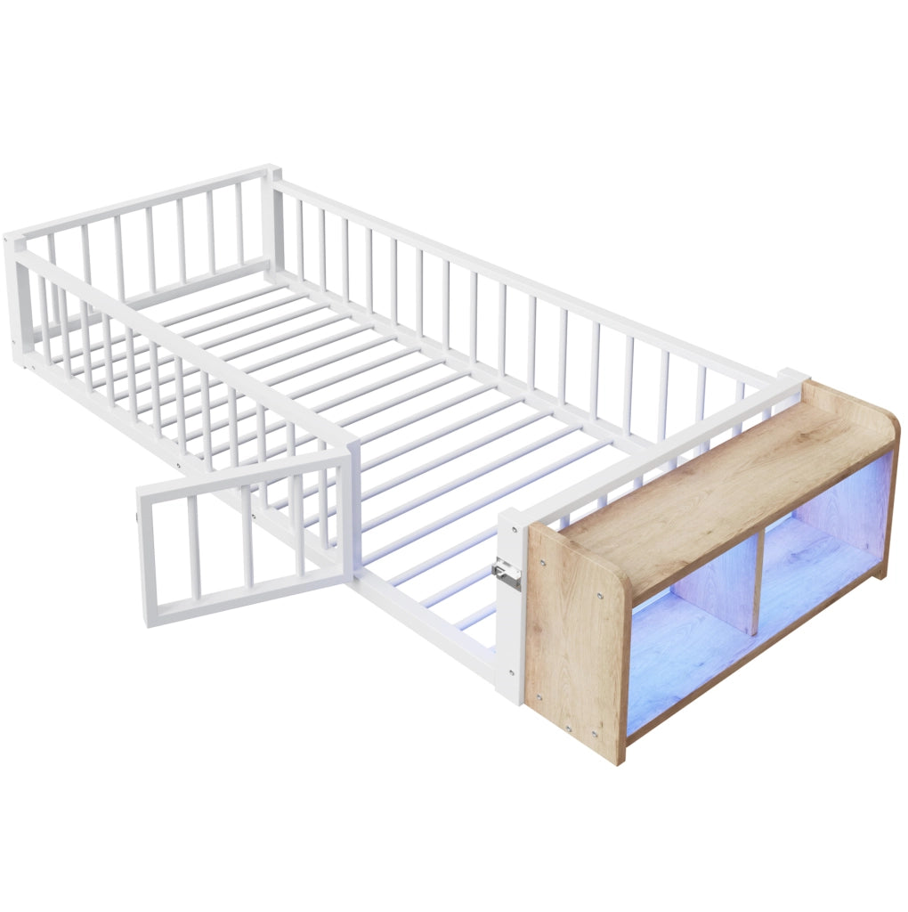 Letto per bambini in metallo 90x200 cm con barriera di protezione e vano aperto