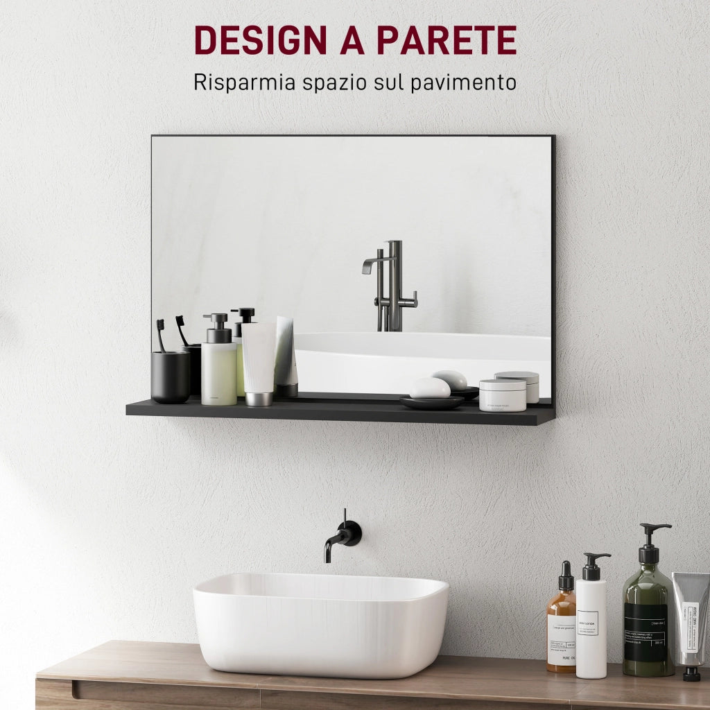 Specchio Bagno da Parete con Mensola Design Moderno e Multiuso, 60x12x40 cm, Nero