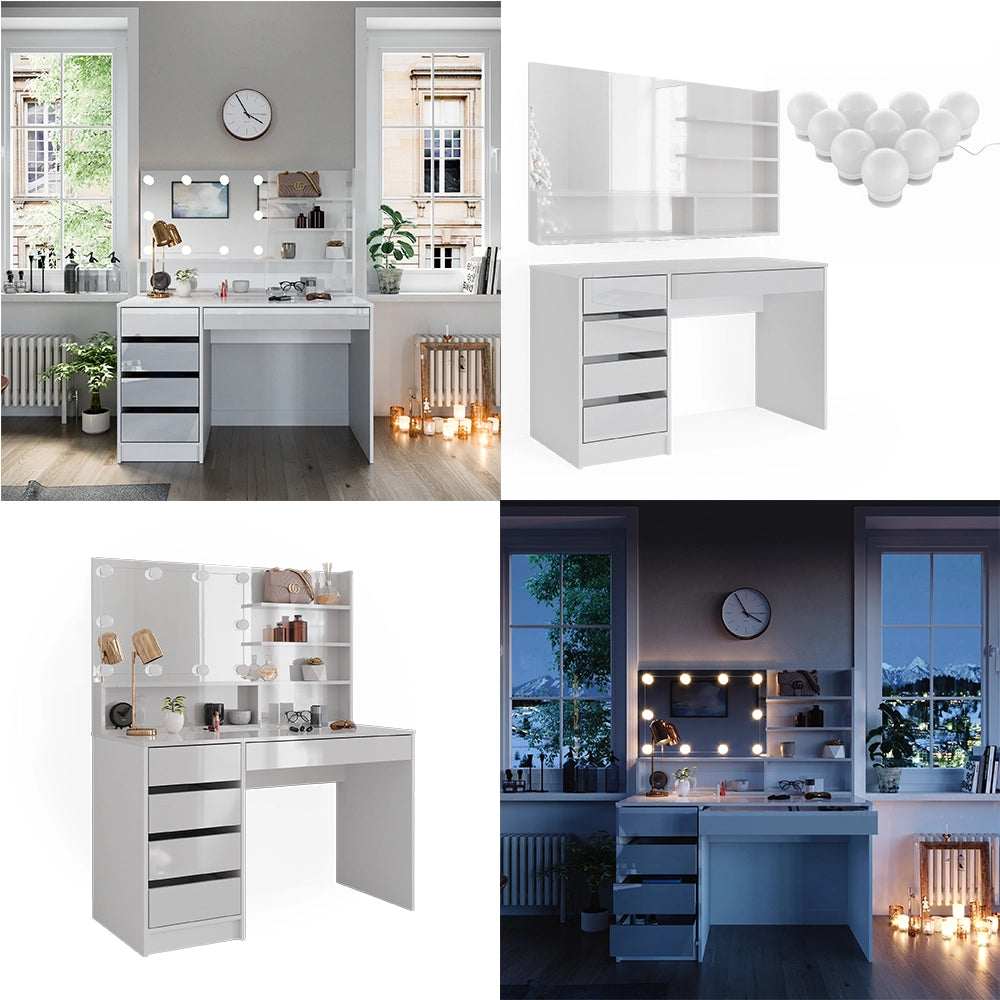 Vicco Tavolo da toeletta Bianco 120 cm con illuminazione a LED e ripiano a specchio