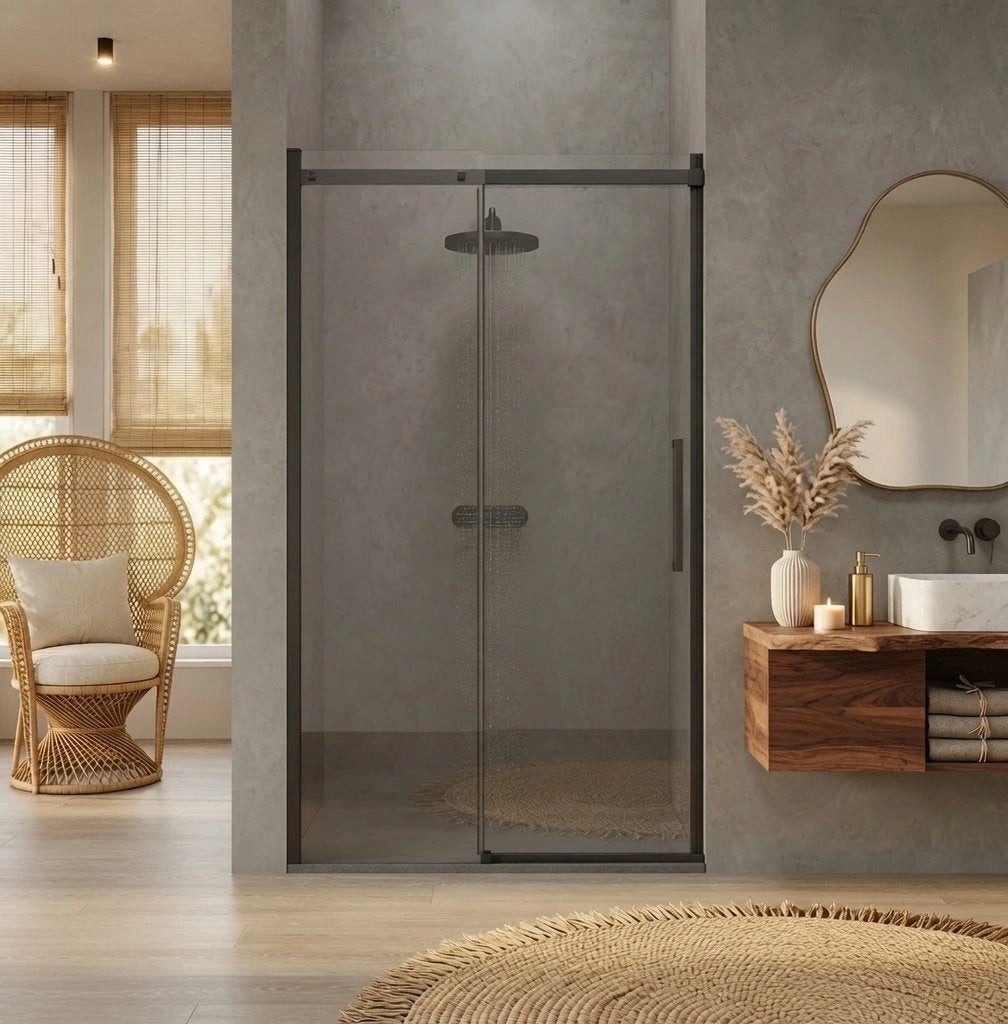 Box doccia 110 cm porta scorrevole SENZA TELAIO H200 cm cristallo 8mm MILLY profilo nero opaco