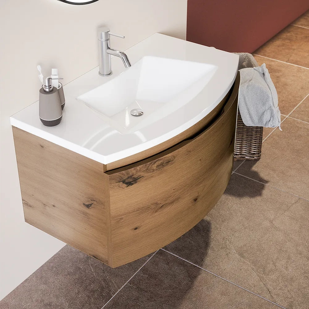Mobile sospeso 100 cm rovere oro con un cassetto e lavabo in ceramica, frontale curvo | Lula
