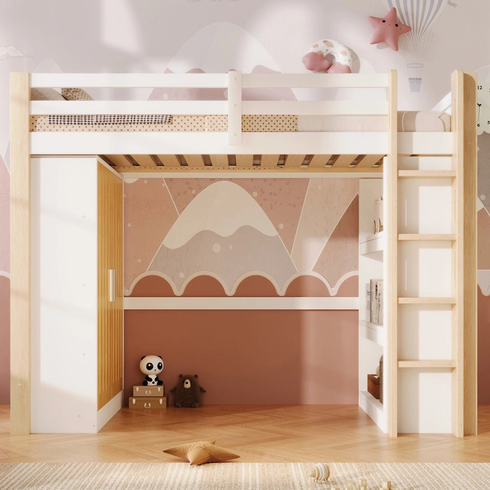 Letto a Soppalco con LED, Armadio e Scaffale ¨C MINIMAL ¨C 90x200 Bianco e Naturale