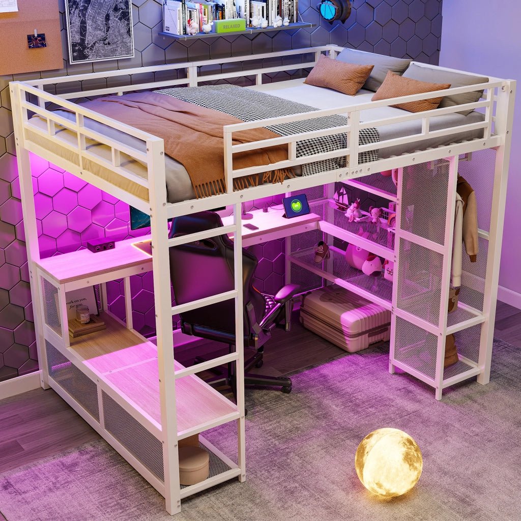 Letto a soppalco 140 × 200 cm con scrivania, ripiani, armadio aperto e LED, senza materasso, bianco