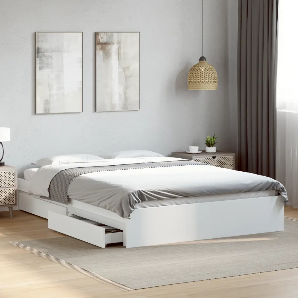 Giroletto con Cassetti-Struttura Letto con contenitore Bianco 150x200 cm in Legno Multistrato 503355