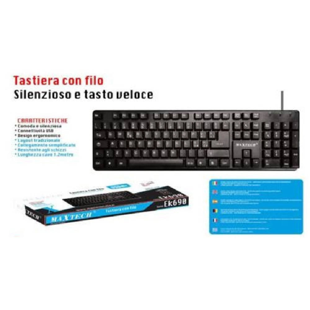 Trade Shop - Tastiera Con Filo Pc Computer Usb Silenzioso Design Ergomonico Maxtech Ek-690m -