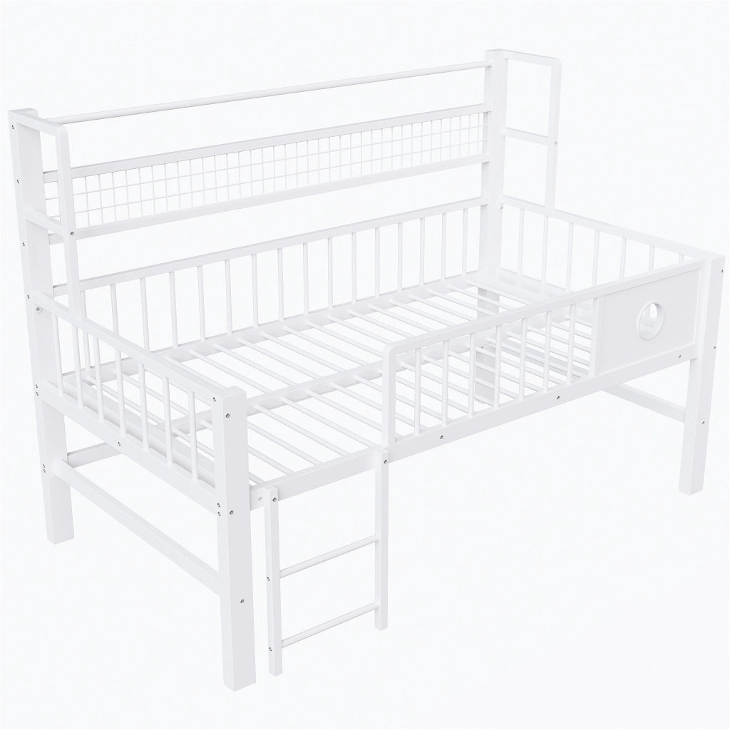 Letto a soppalco basso per bambini 90 × 200 cm con sbarre di sicurezza, appendiabiti e ripiano, senza materasso, bianco
