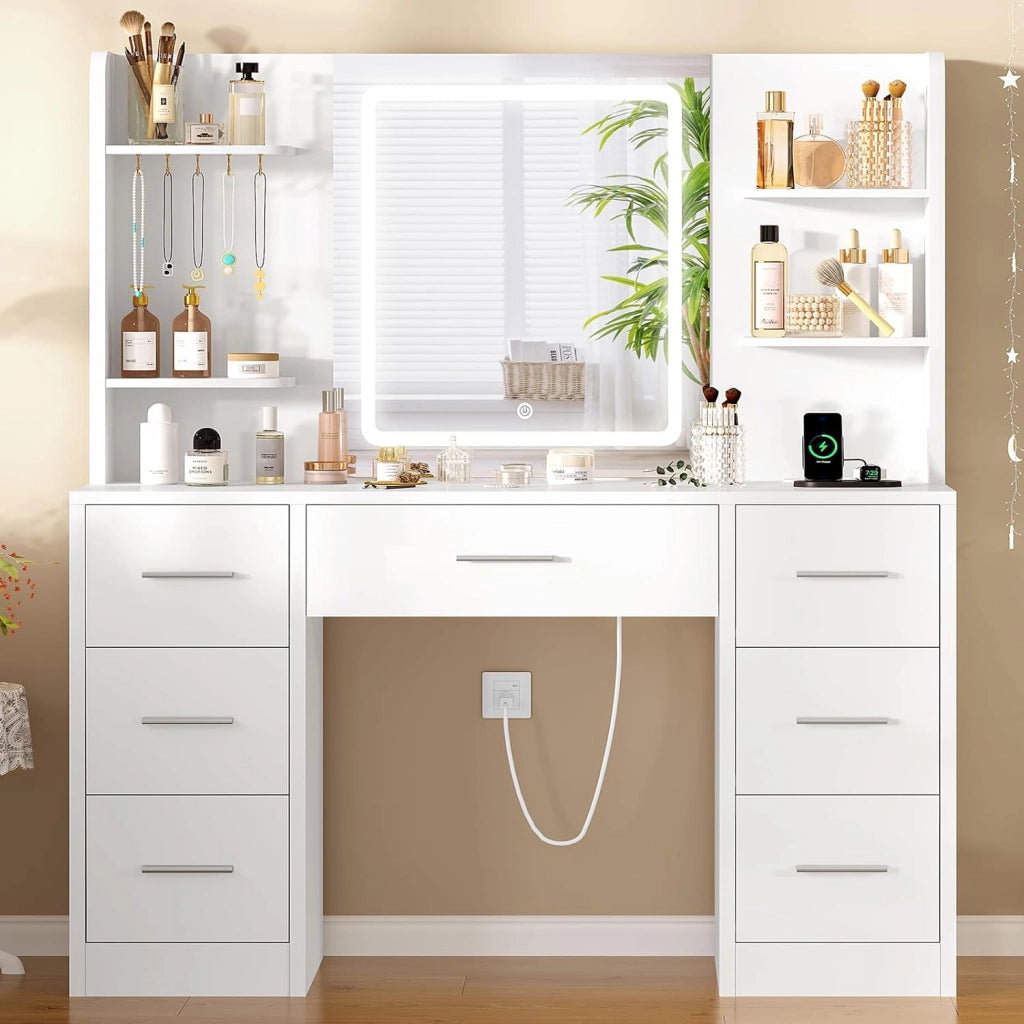 Toeletta da Trucco con Specchio, Toeletta con Luce LED, 3 Colori, Luminosità Regolabile, Postazione Trucco con 9 Cassetti e 6 Ripiani Aperti, Stile europeo elegante, Bianco