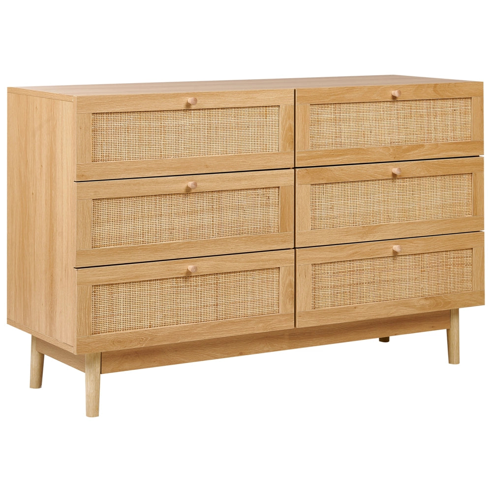 Cassettiera a 6 cassetti in truciolato con frontale in rattan stile boho