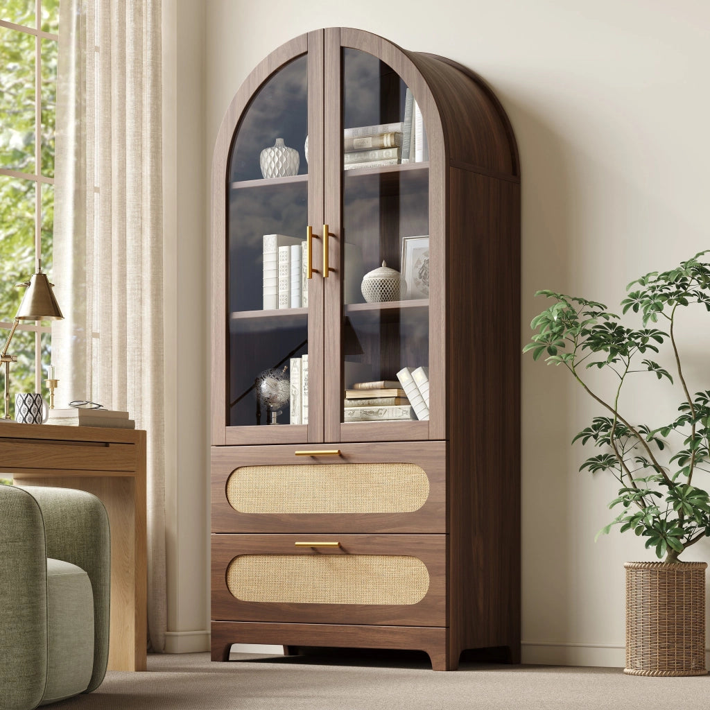 Vetrina, libreria, arco in vetro, 2 cassetti, ripiani regolabili, color noce