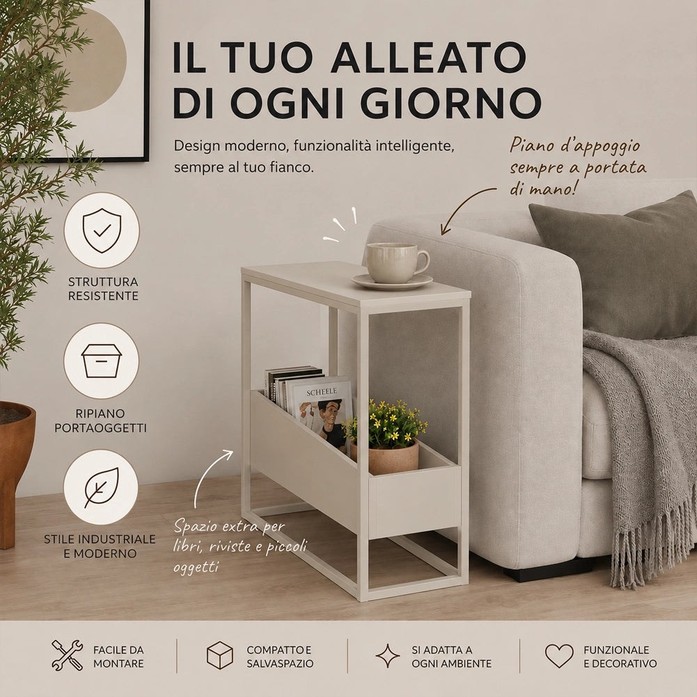 Tavolino Laterale Divano a 2 Ripiani Tavolo Multiuso Bianco e Sabbia 60x22x62cm