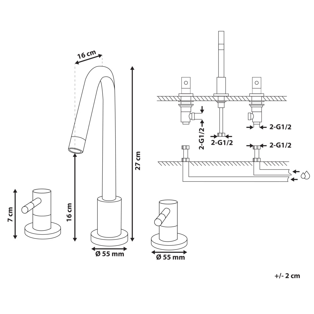 Rubinetto da Bagno per Lavabo in Ottone Dorato con Due Manopole moderno curvo sanitari
