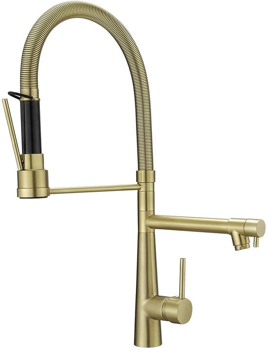 Grande rubinetto da cucina con spirale, 22,36 pollici, rubinetto da cucina rotativo a 360° con due scarichi, rubinetto da cucina e spruzzatore manuale - alta pressione, dorato a specchio.