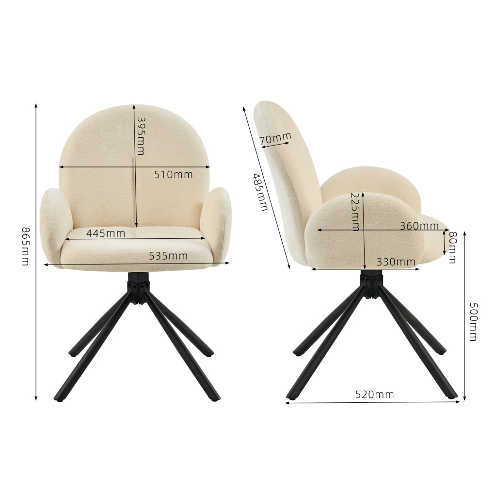 Set di 2 sedie girevoli con braccioli in chenille e gambe in metallo; bianco crema
