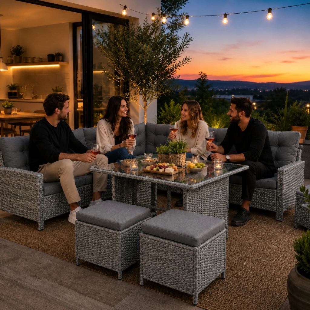 Set Da Giardino Angolare In Polyrattan Con Tavolino Doppio Piano Vetrato Due Pouf E Cuscini Morbidi Salotto Per Terrazza Veranda Balcone Zona Piscina Grigio
