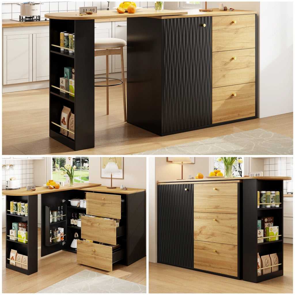 OKWISH Tavolo da Bar con 3 Cassetti e 5 Ripiani, Piano Girevole ed Estensibile, per Cucina e Soggiorno, Nero, 138-204×39×104 cm