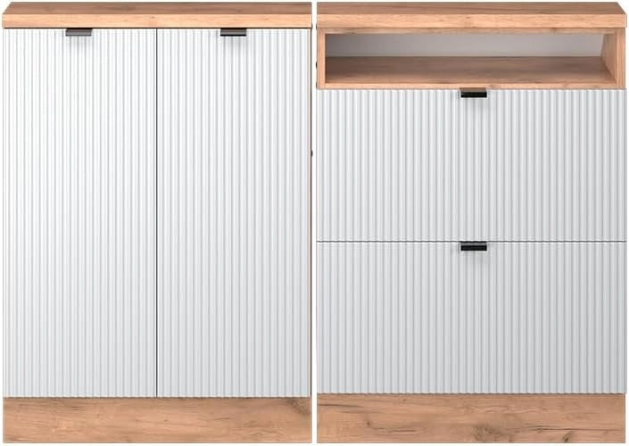 Mobile cucina sottotetto R-Line, Ondulazione bianca, 120 cm Set di 2, adatto per pareti inclinate e montaggio cucina variabile