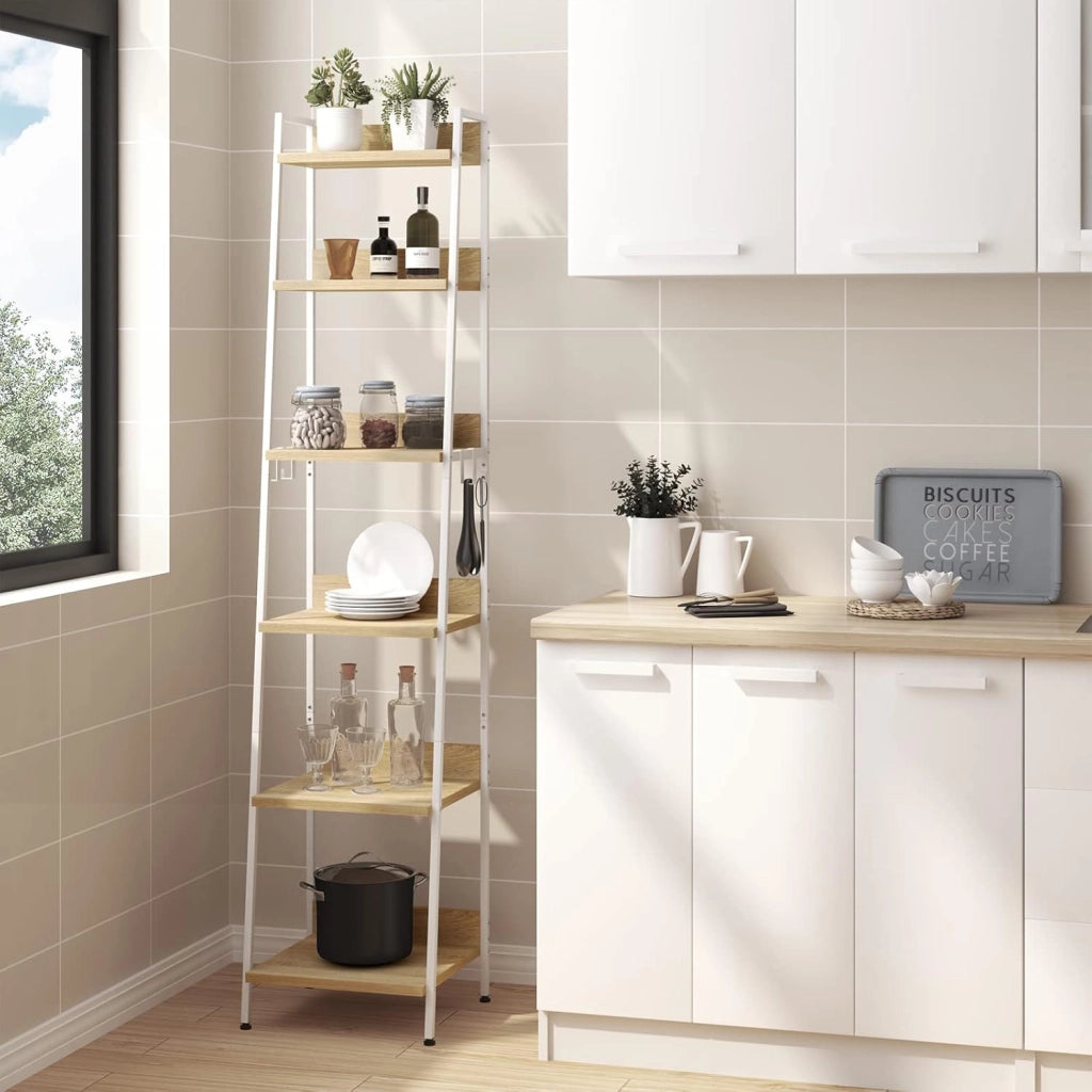 Libreria a 6 Ripiani, Scaffale con 4 Ganci Industriale, Scaffale a Scala in MDF e Metallo per Soggiorno, Cucina, Studio, Ufficio,Bianco, 41x36x187cm RGB30whe