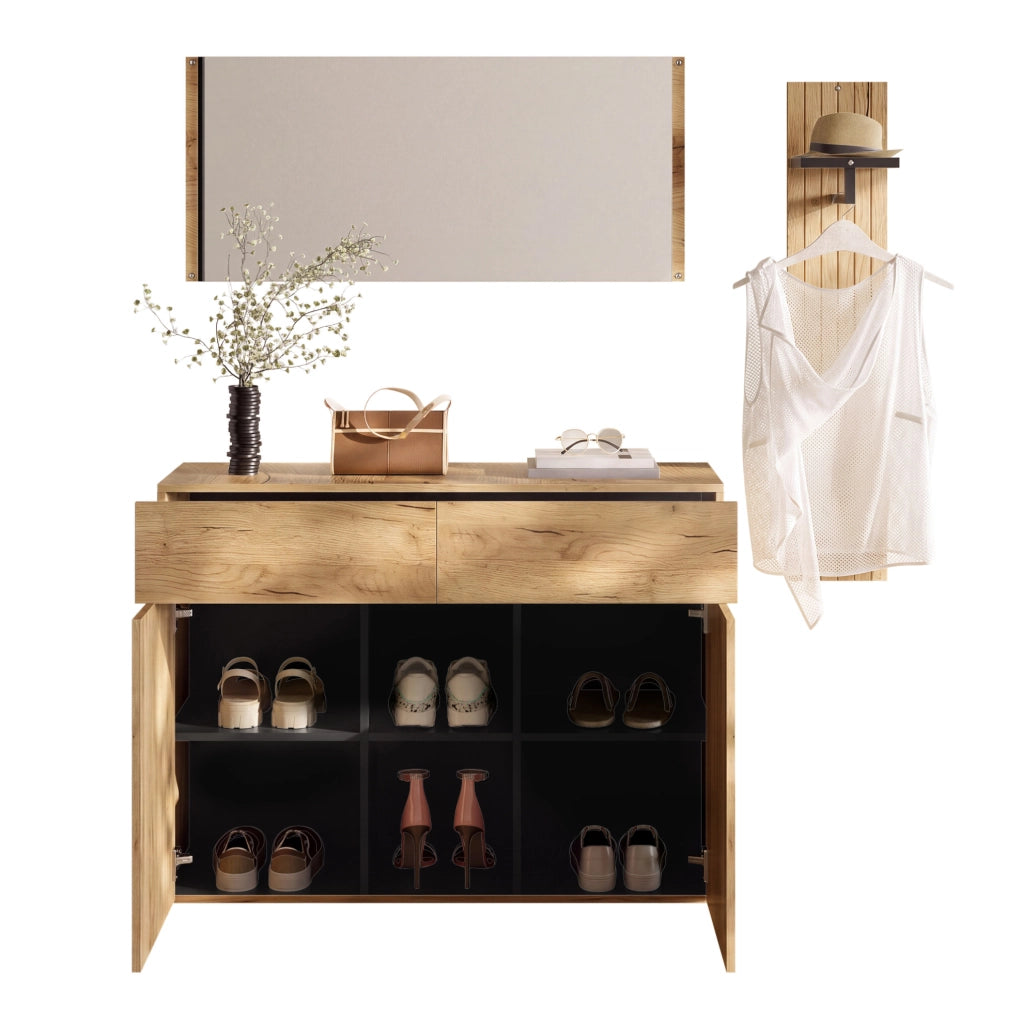 Set ingresso 3 pezzi con scarpiera; appendiabiti e specchio; 125x35x178 cm; MDF e truciolare