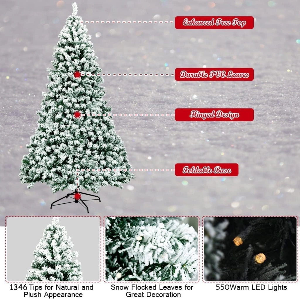Albero di Natale Innevato 142/183/230 cm, Albero di Natale Slim, Albero di Natale con Luci Incorporate, Scuole Supporto in Ferro, Rami Spessi (230 cm)