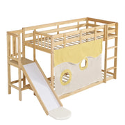 Letto a Castello 90x200 cm; 2 Posti; Scala; Sponde; Rampa e Tende; in Legno Naturale