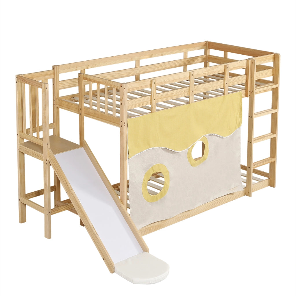 Letto a Castello 90x200 cm; 2 Posti; Scala; Sponde; Rampa e Tende; in Legno Naturale