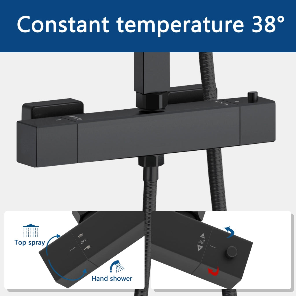 AICA Colonna doccia con miscelatore termostatico, rubinetto doccia rettangolare 28x4cm, soffione doccia quadrato 20x20cm in acciaio inox nero