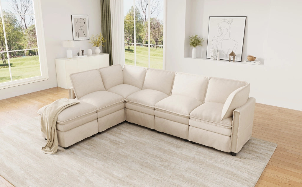 Divano modulare a U con funzione letto e pouf mobile in chenille beige con seduta doppia 6 posti 344 × 127 × 91 cm