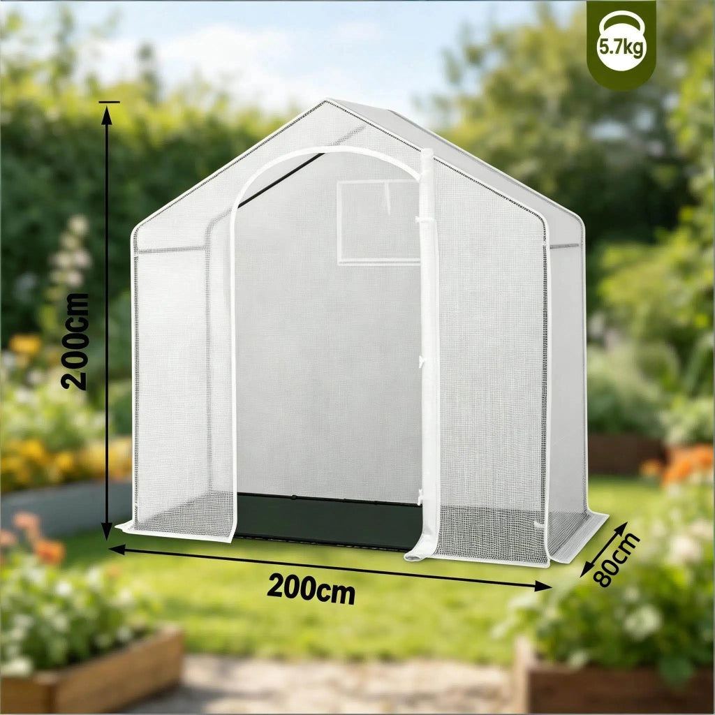 Serra a tunnel in rete PE 140 g/m² con porta avvolgibile e struttura in acciaio bianco 200 × 80 × 200 cm