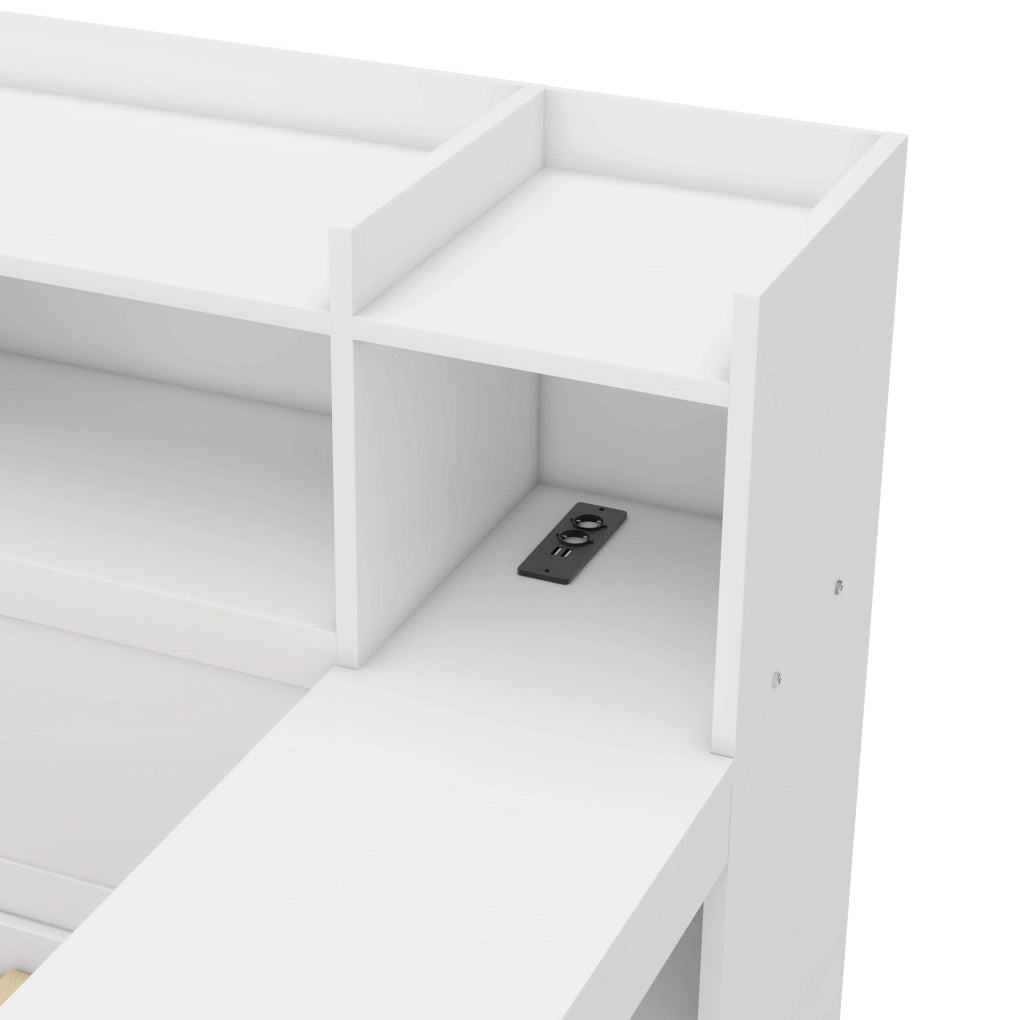 Letto singolo 90x200 cm in truciolato e MDF con USB, 2 cassetti, scrivania integrata e ripiani, bianco