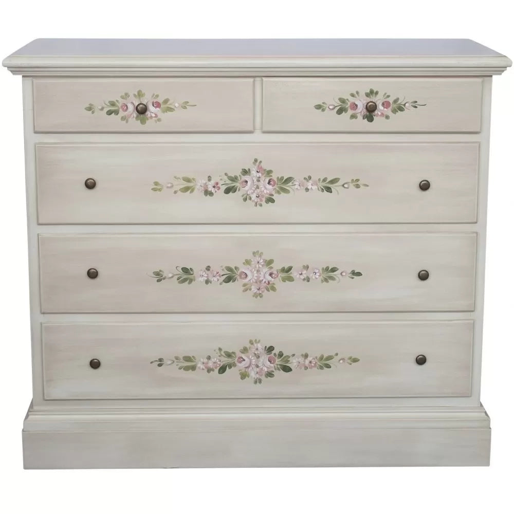 Cassettiera 5 cassetti legno shabby bianco anticato decori 117x51x101 - Mobili 2G