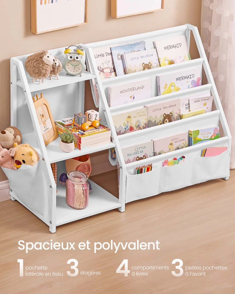 Libreria per bambini mobiletto porta giocattoli organizer per libri con tasca laterale 30 x 108,5 x 75 cm per cameretta o sala giochi bianco 12_0007992