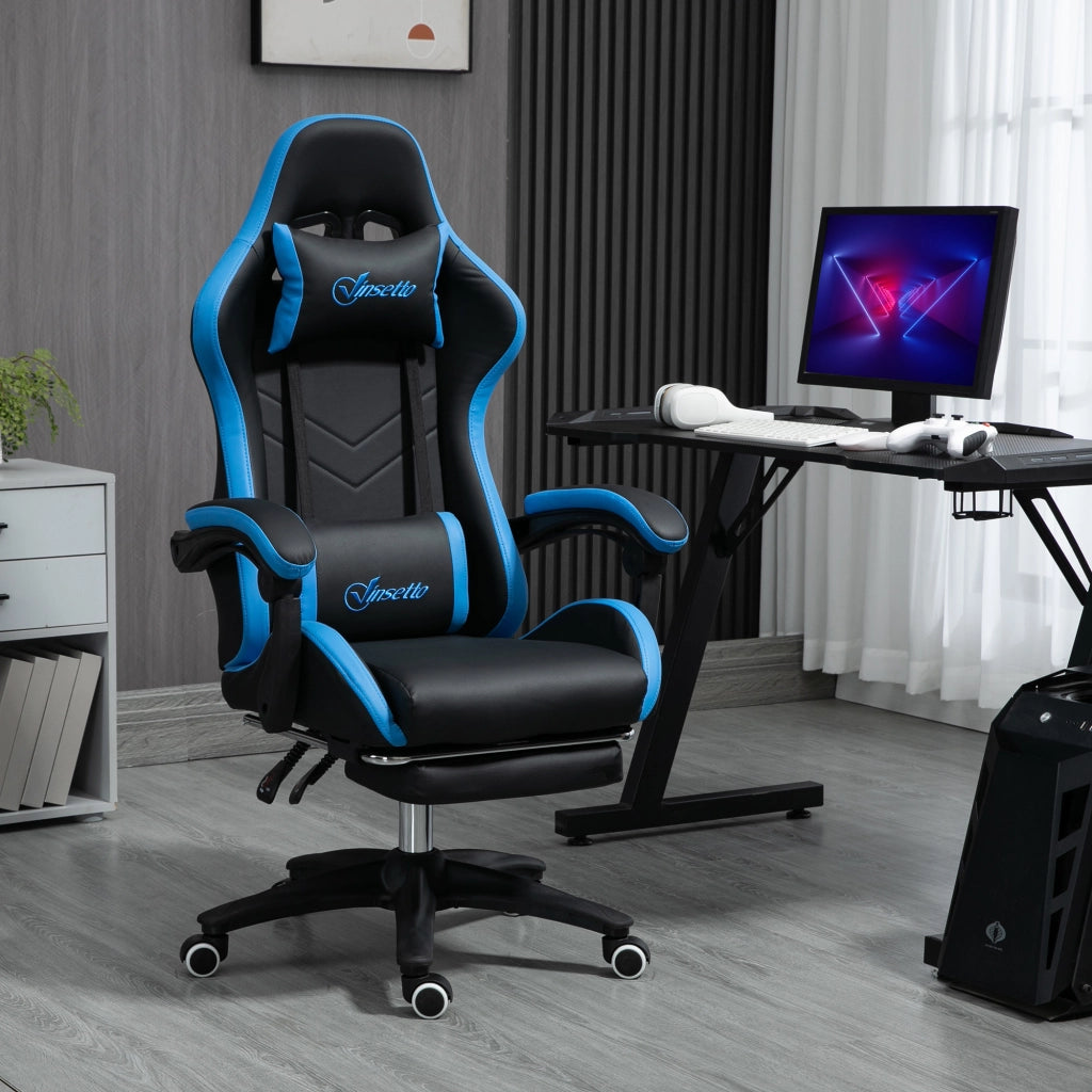 Sedia da ufficio gaming inclinabile con cuscino lombare, poggiapiedi e braccioli regolabili in similpelle nera