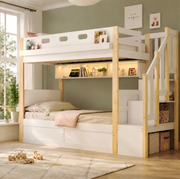 Letto a castello 90x200 cm in pino e MDF con contenitore idraulico; scala contenitore; bianco