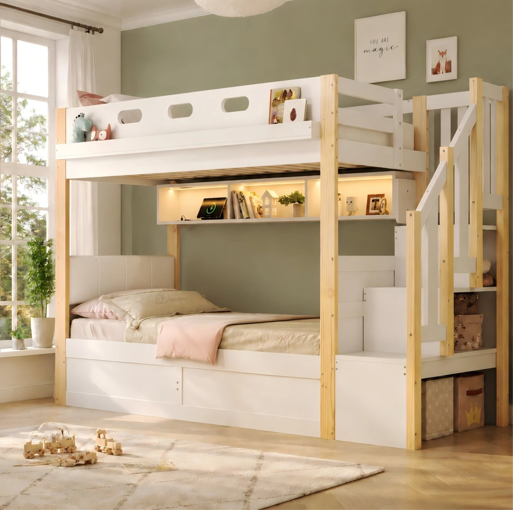 Letto a castello 90x200 cm in pino e MDF con contenitore idraulico; scala contenitore; bianco