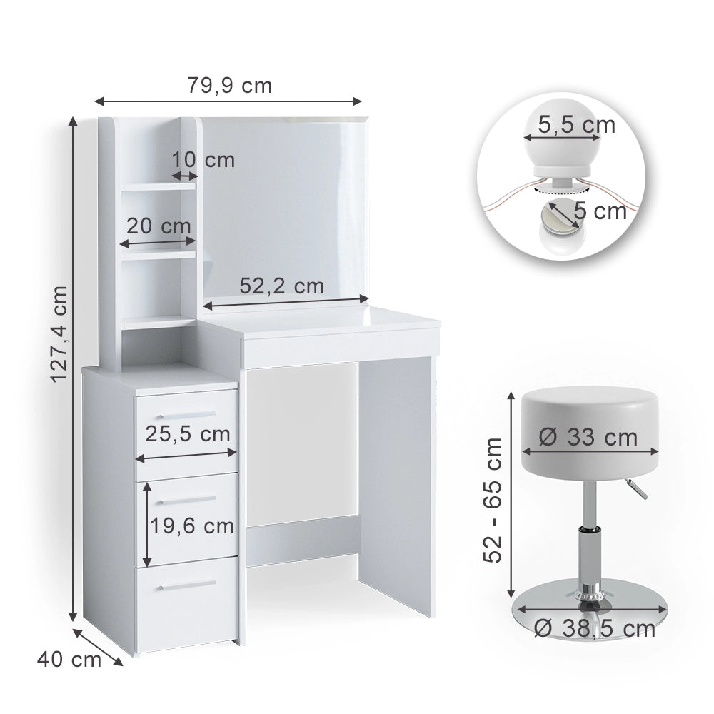 Vicco Tavolo da toeletta Bianco 80 cm con illuminazione LED e sgabello