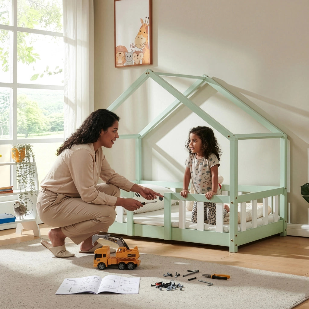 Letto per Cameretta Treviolo a Forma di Casetta in Stile Montessori con Materasso 70x140 cm - Menta Verde/Bianco [en.casa]